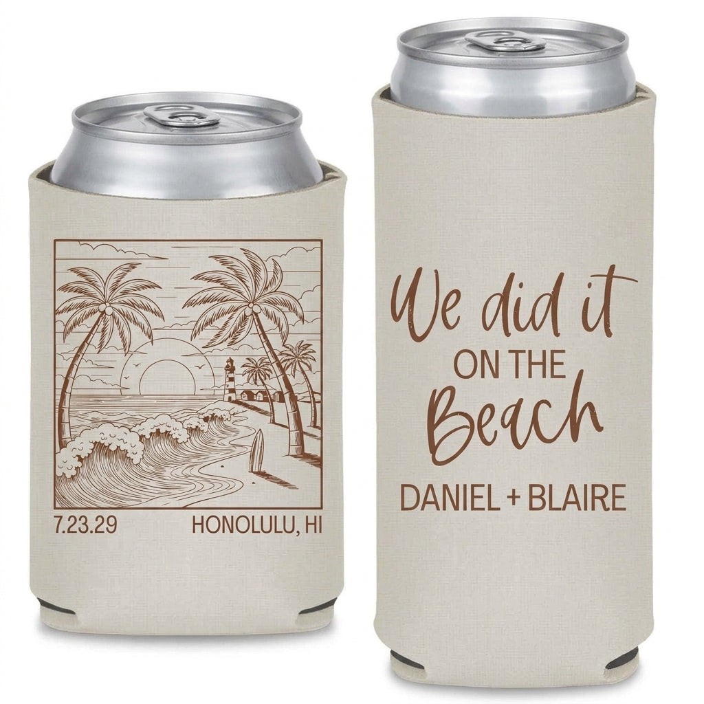 We Did It On The Beach Wedding Can Coolers shown on standard and slim can coolers