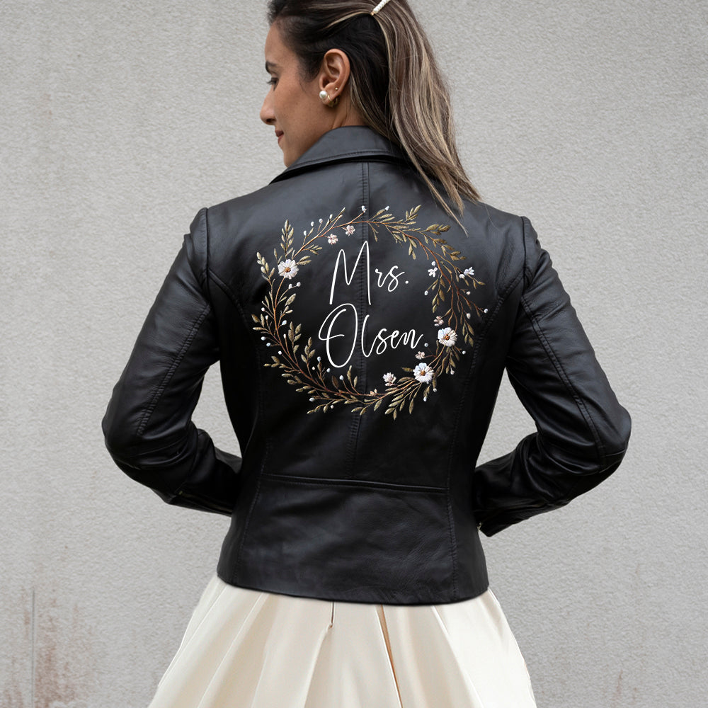 Embroidered Mrs Leather Jacket for Brides