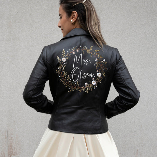 Embroidered Mrs Leather Jacket for Brides