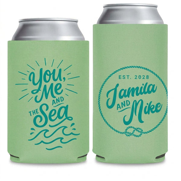 You Me And The Sea Wedding Can Coolers shown on standard and slim can coolers
