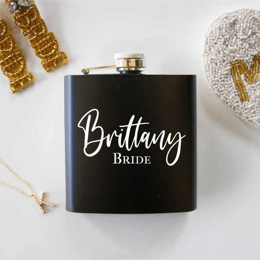 Custom Bridal Title Black Hip Flask