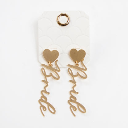 Gold Heart Bride Cursive Earrings