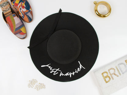 Just Married Black Felt Floppy Hat