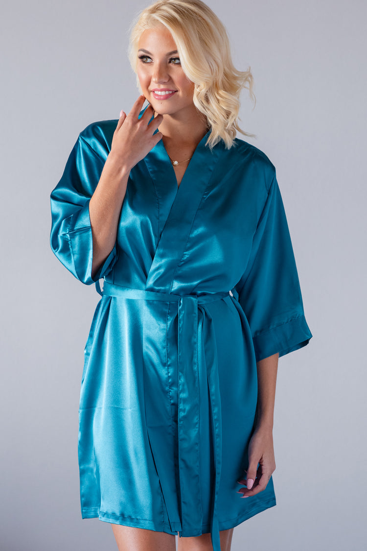 Scuba Blue Satin Kimono Robe woman front
