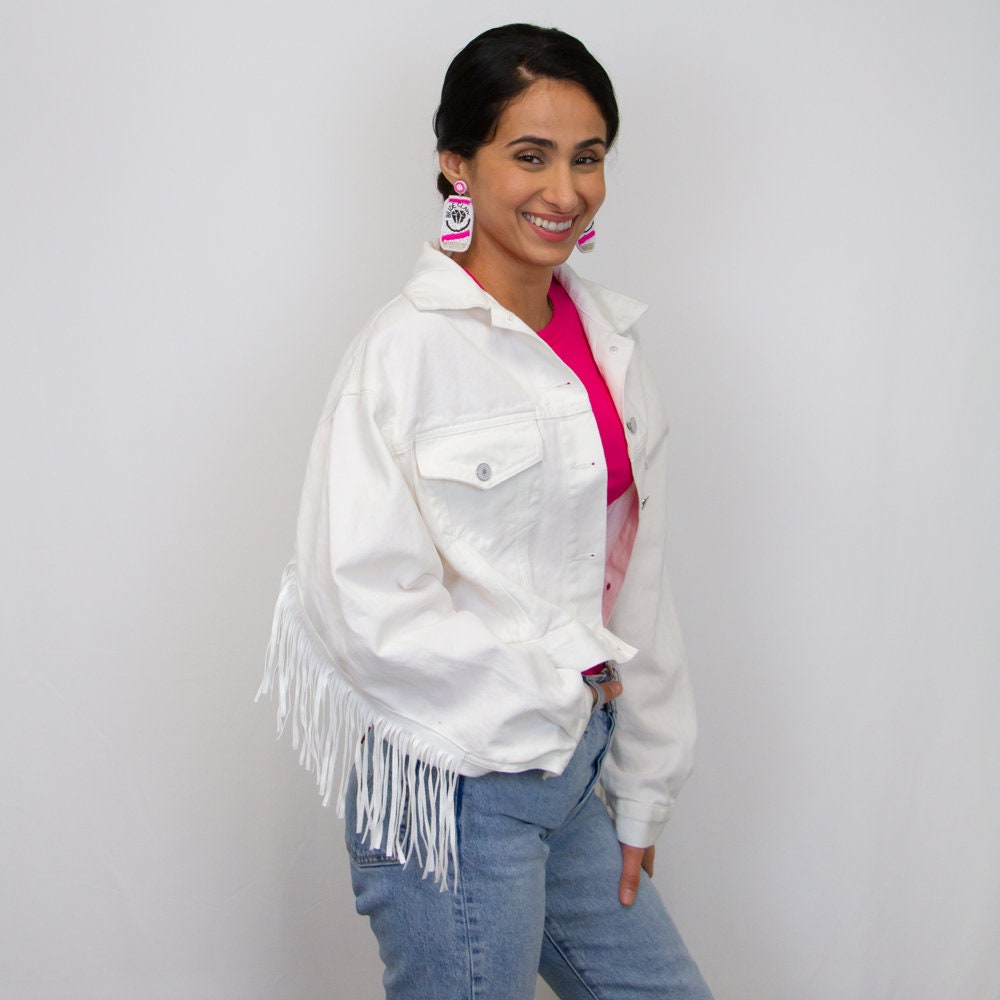 (White Fringe) Bride Rhinestone Patch Jean Jacket