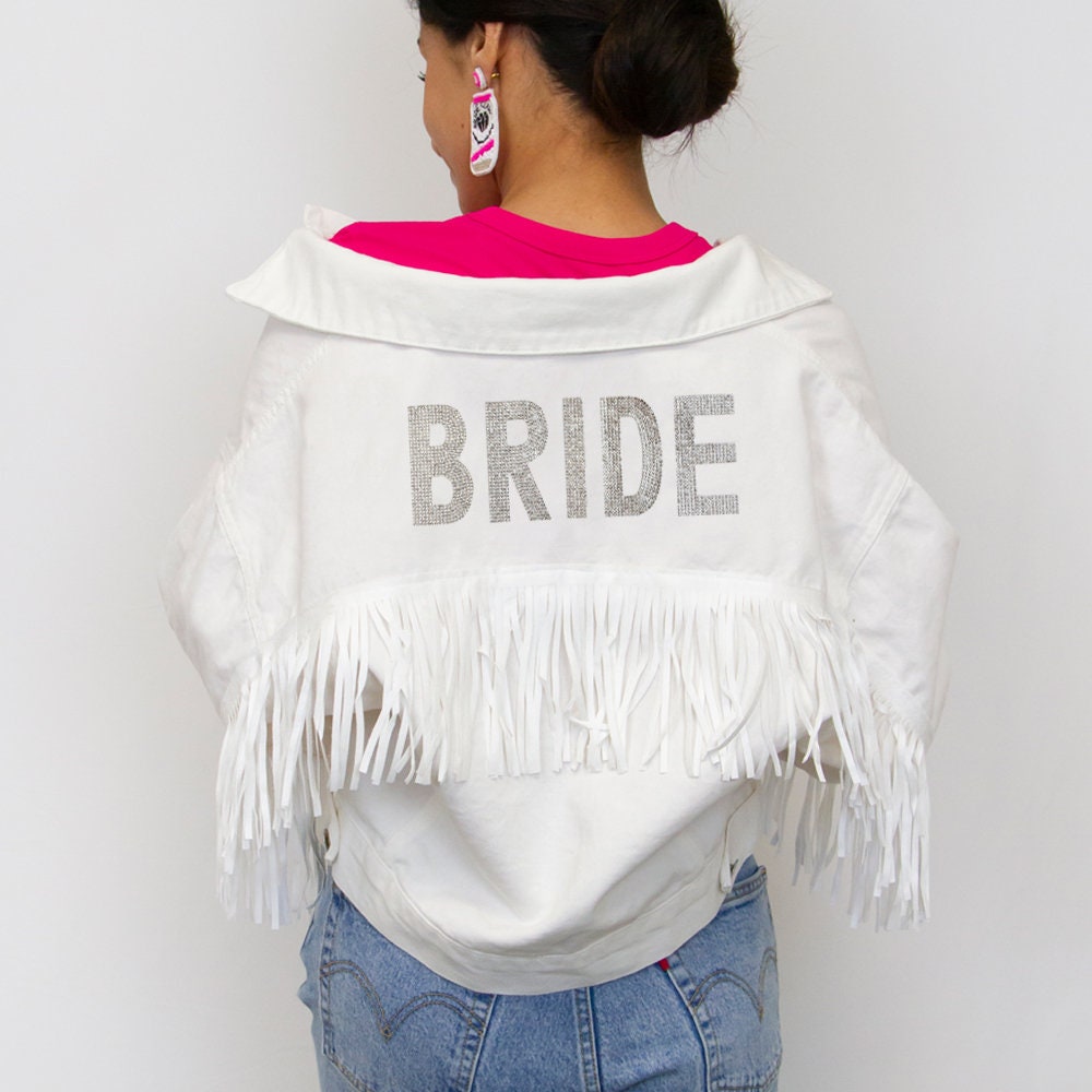 White Fringe Bride Rhinestone Patch Jean Jacket