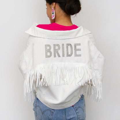 White Fringe Bride Rhinestone Patch Jean Jacket