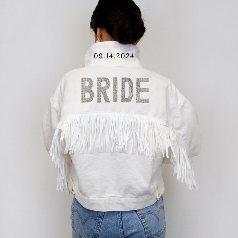 White Fringe Bride Rhinestone Patch Jean Jacket