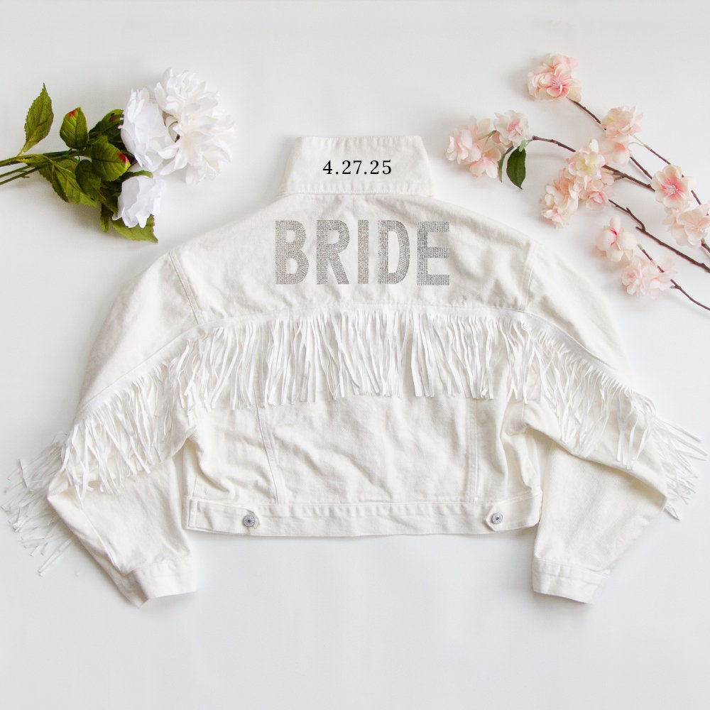 White Fringe Bride Rhinestone Patch Jean Jacket