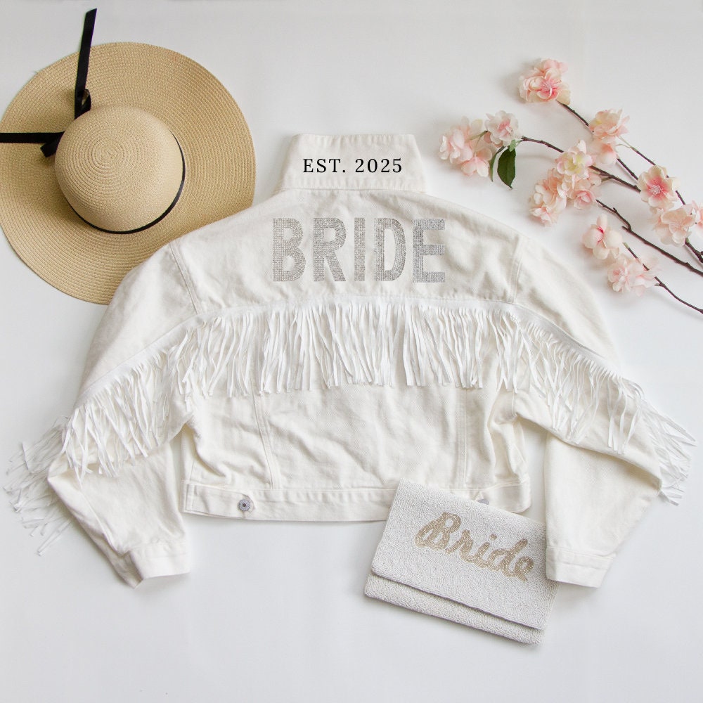 White Fringe Bride Rhinestone Patch Jean Jacket