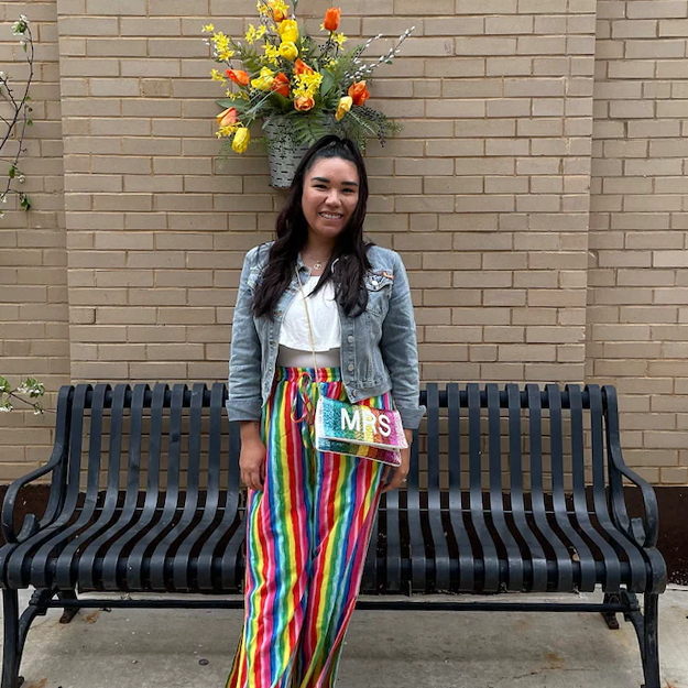 Stunning Bridal Clutch: Mrs. Rainbow Clutch Bag measuring 5.75 x 10.25 x 1 in, crafted from durable canvas. This handmade, beaded bridal purse boasts an intricate design, making it an elegant accessory for brides seeking a one-of-a-kind touch for their special day.