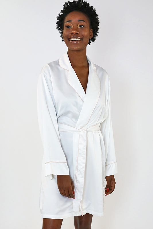 White Piped with Pink Trim Satin Kimono Robe